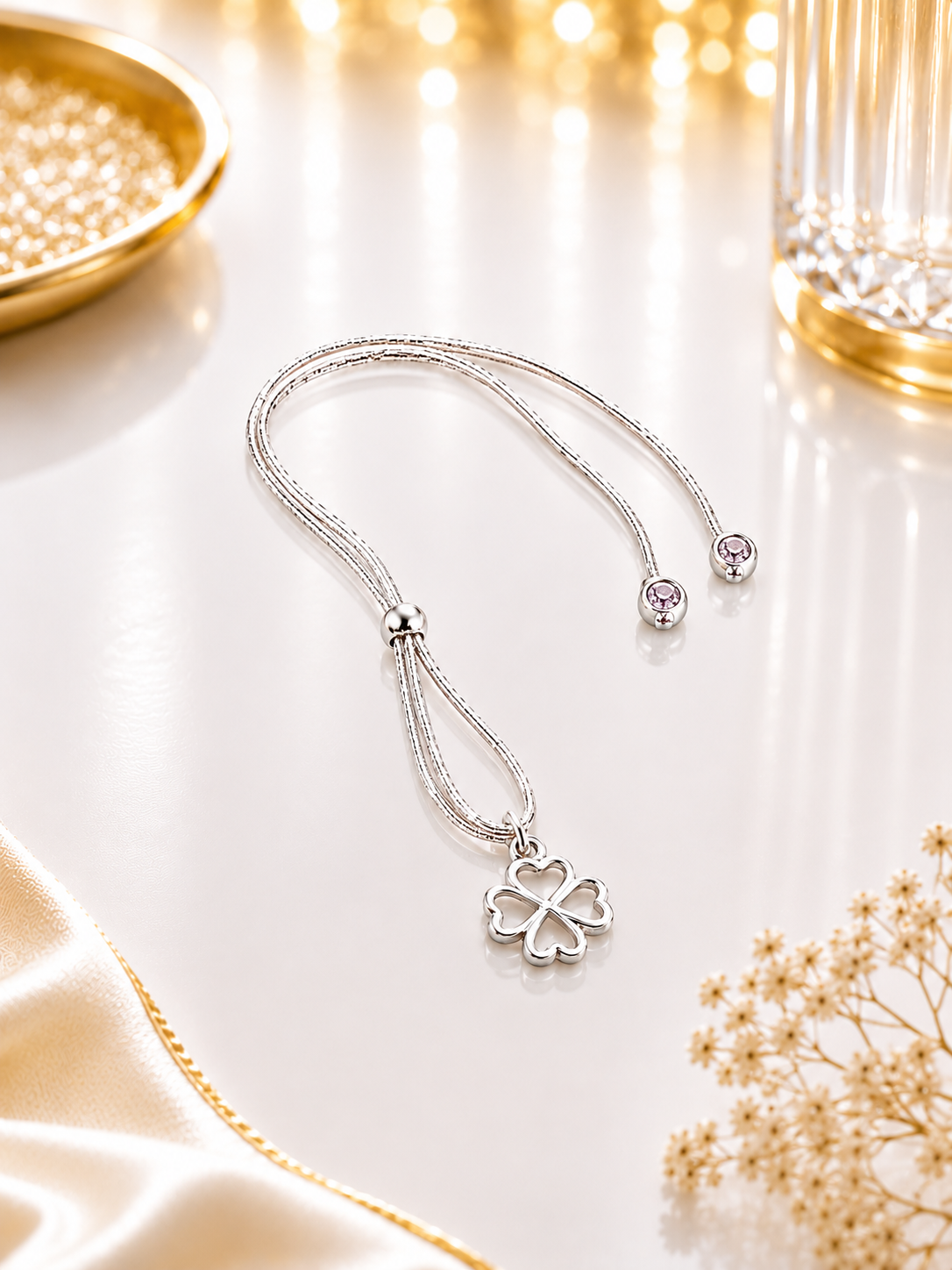 Four-Leaf Clover Slide Adjustable Bracelets 925 Sterling Silver