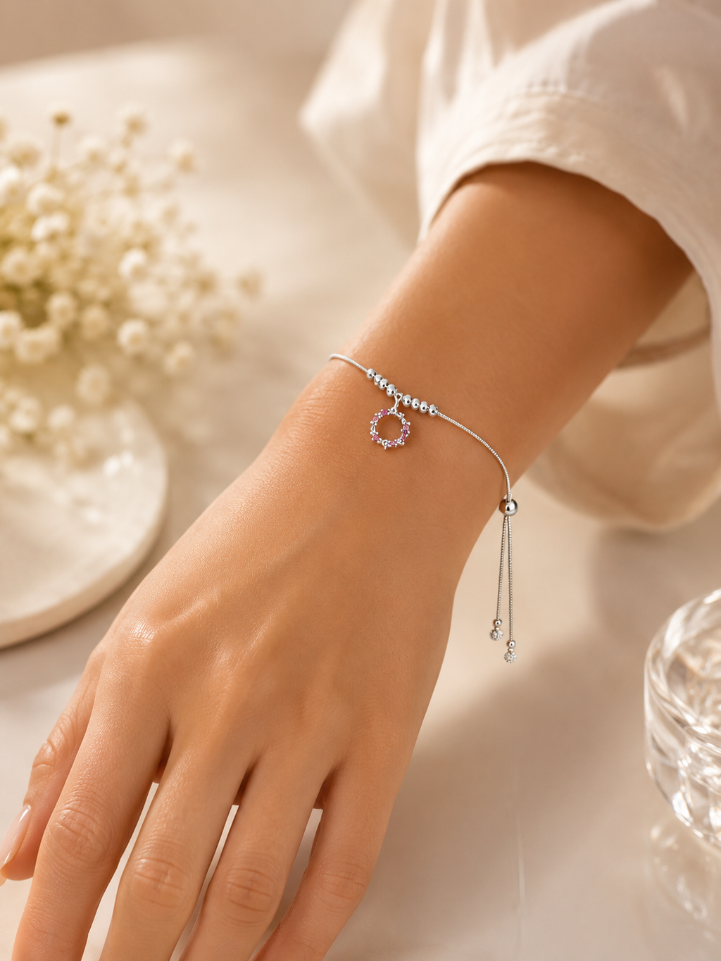 Crystal Bloom Adjustable 925 Sterling Silver Bracelet