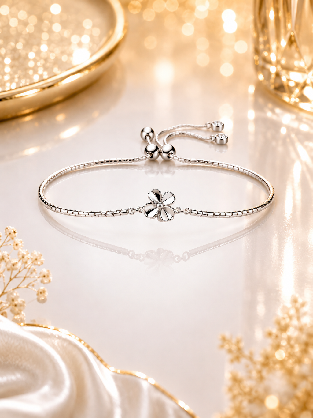 Adjustable Flower Bracelet in Sterling 925 Silver